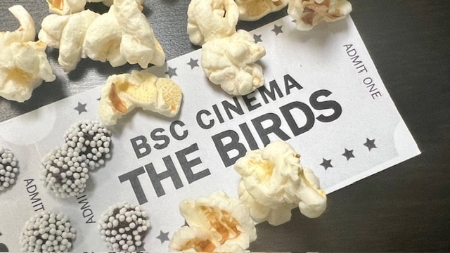 Movie ticket titled "BSC CINEMA THE BIRDS" surrounded by popcorn and round candies covered in white nonpareils.